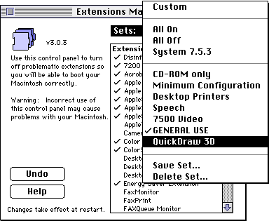 select QuickDraw 3D set in Extensions Manager